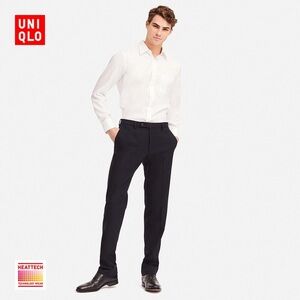 Uniqlo Mens 36x34 HEATTECH Stretch Slim Fit Trousers Pants FLAT FRONT Black